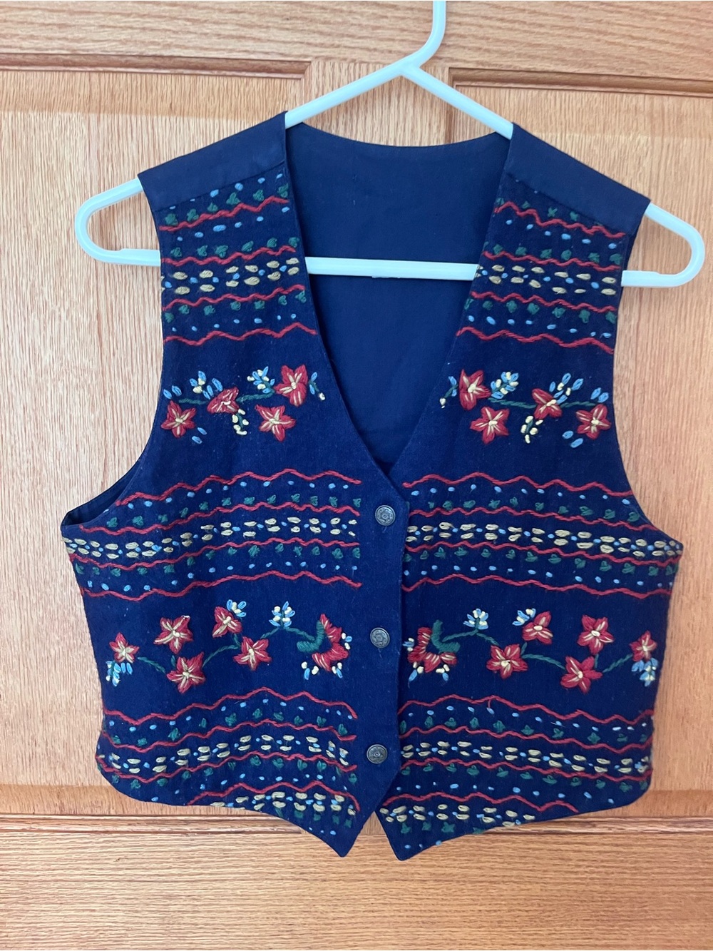Vintage homemade grannycore Navy Floral Embroidered Button-Front Vest